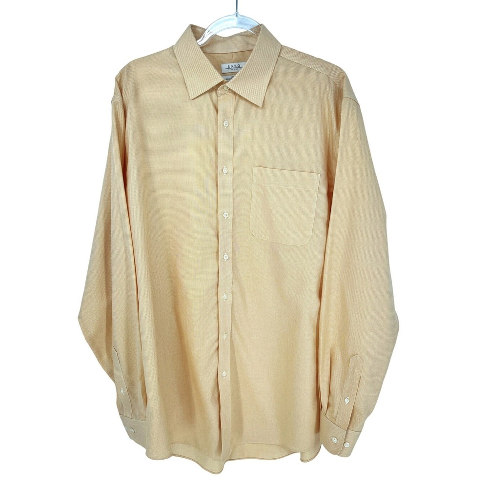ENRO Mens Non-Iron‎ Long Sleeve Dress Shirt L Yellow and White Check 100% Cotton